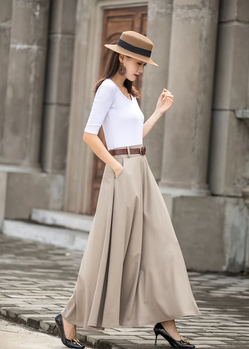 Caeloria - Womens Long maxi Navy Blue Semi-formal skirt with pockets.