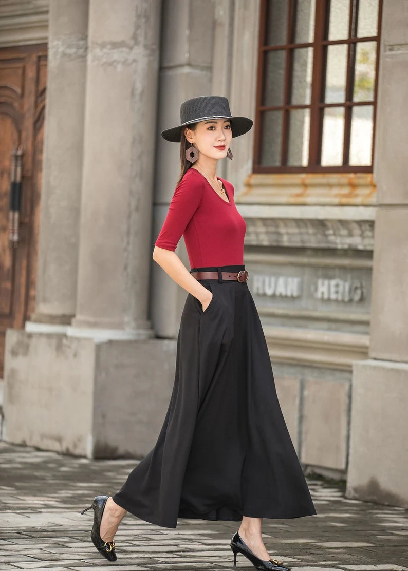 Caeloria - Womens Long maxi Navy Blue Semi-formal skirt with pockets.