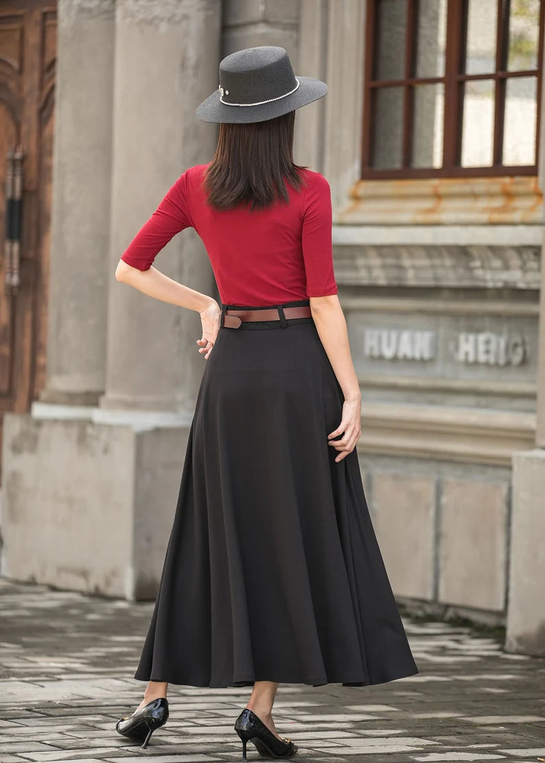 Caeloria - Womens Long maxi Navy Blue Semi-formal skirt with pockets.