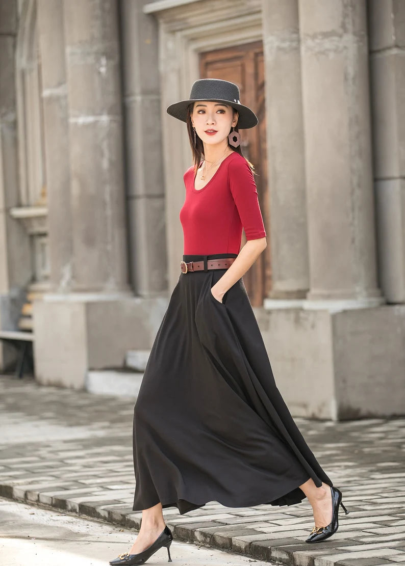 Caeloria - Womens Long maxi Navy Blue Semi-formal skirt with pockets.